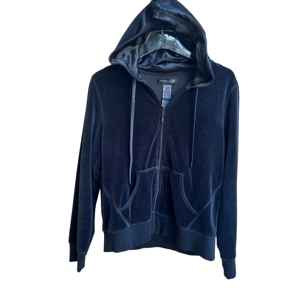 Sideways Black Velour Zip Front Y2K Satin Lined Hoodie Kangaroo Pockets Large